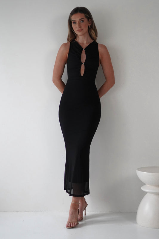 Hallie Mesh Bodycon Uzun Elbise | Siyah