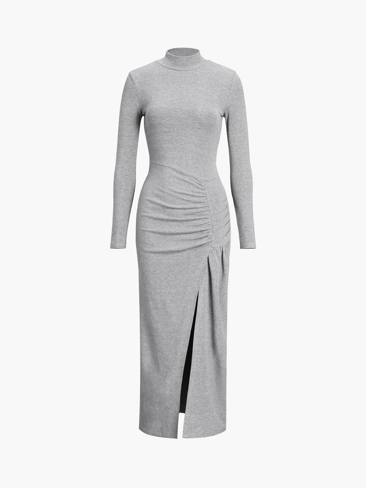 Yırtmaçlı Pileli Uzun Kollu Bodycon Balıkçı Yaka Uzun Elbise