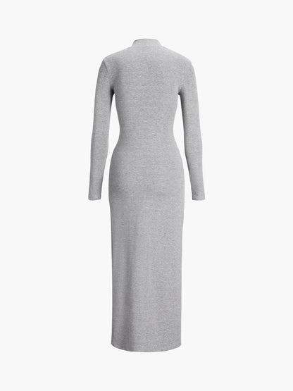Yırtmaçlı Pileli Uzun Kollu Bodycon Balıkçı Yaka Uzun Elbise