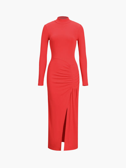 Yırtmaçlı Pileli Uzun Kollu Bodycon Balıkçı Yaka Uzun Elbise