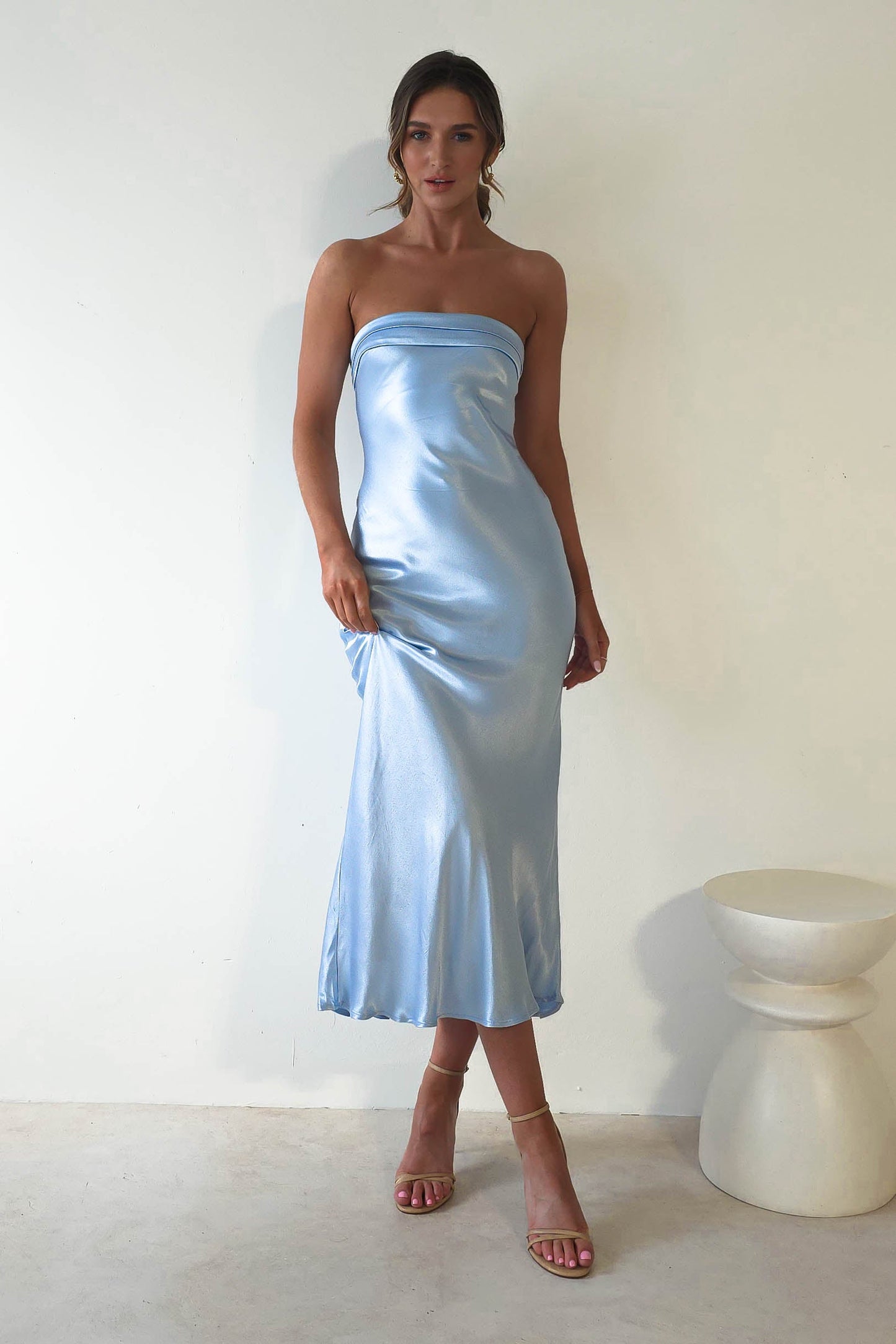 Lucia Soft Satin Slip Midi Elbise Mavi