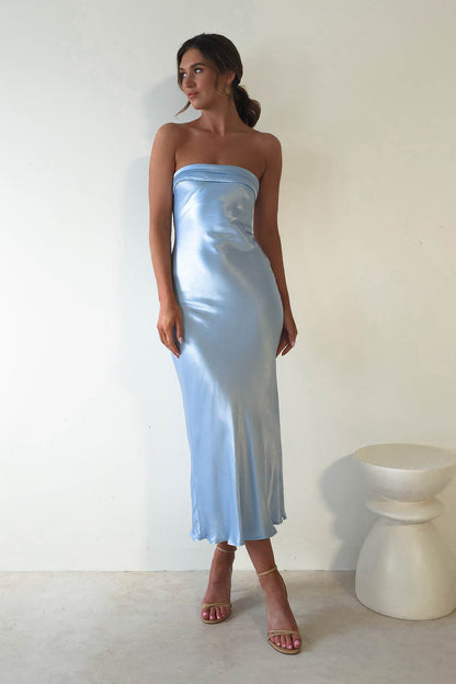 Lucia Soft Satin Slip Midi Elbise Mavi