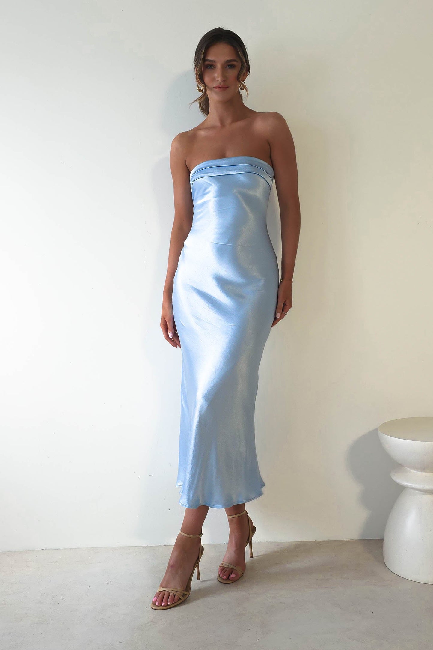 Lucia Soft Satin Slip Midi Elbise Mavi