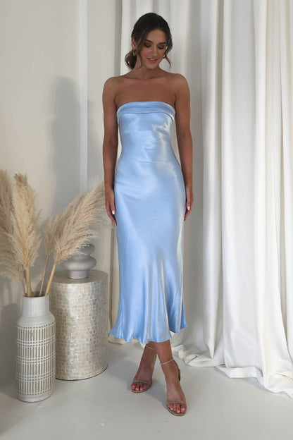 Lucia Soft Satin Slip Midi Elbise Mavi