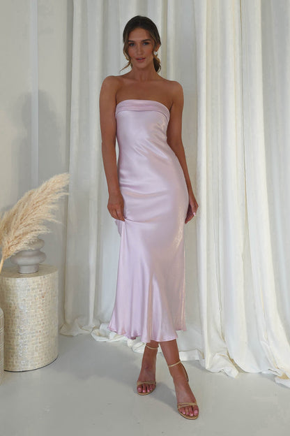 Lucia Soft Satin Slip Midi Elbise | Pastel Pembe