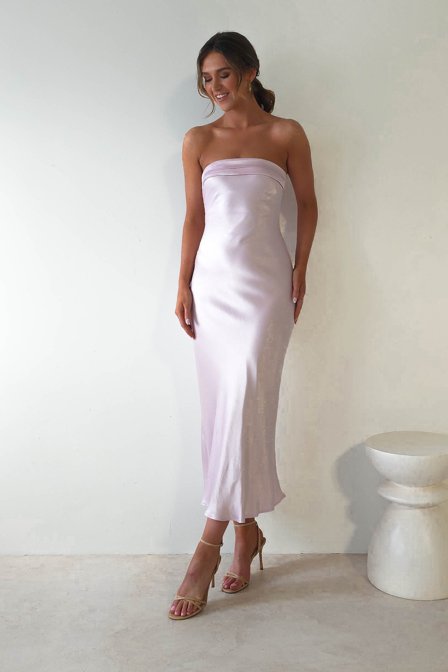 Lucia Soft Satin Slip Midi Elbise | Pastel Pembe