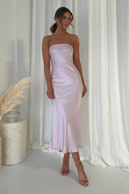 Lucia Soft Satin Slip Midi Elbise | Pastel Pembe