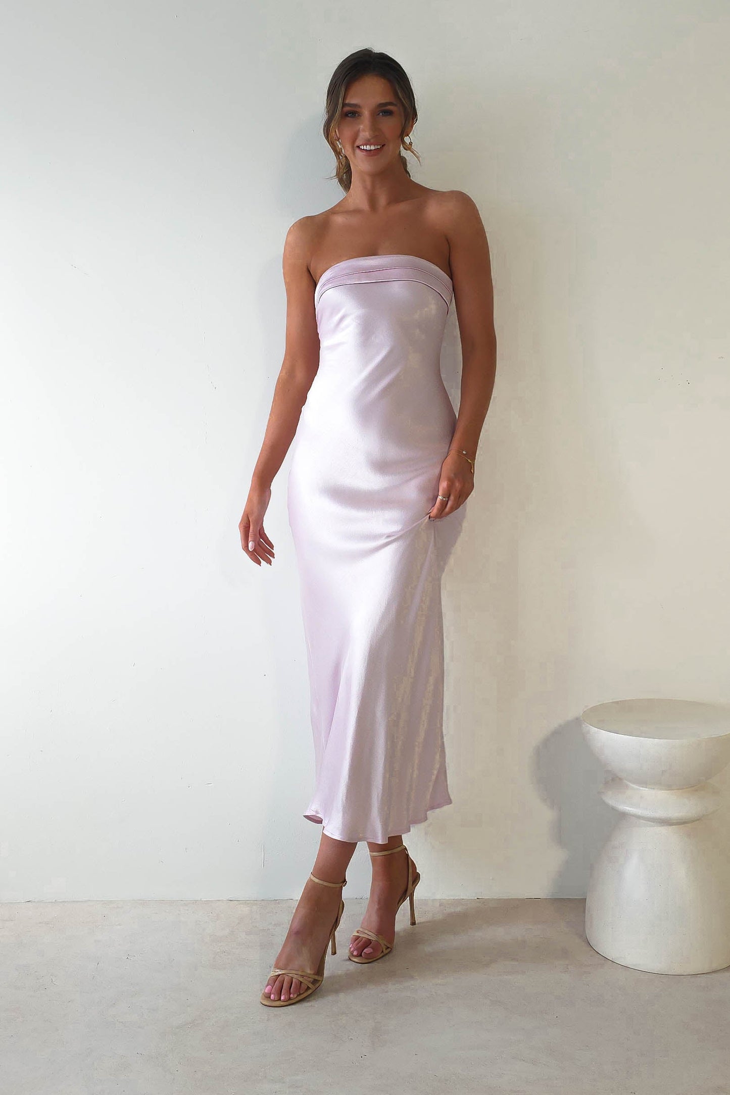 Lucia Soft Satin Slip Midi Elbise | Pastel Pembe