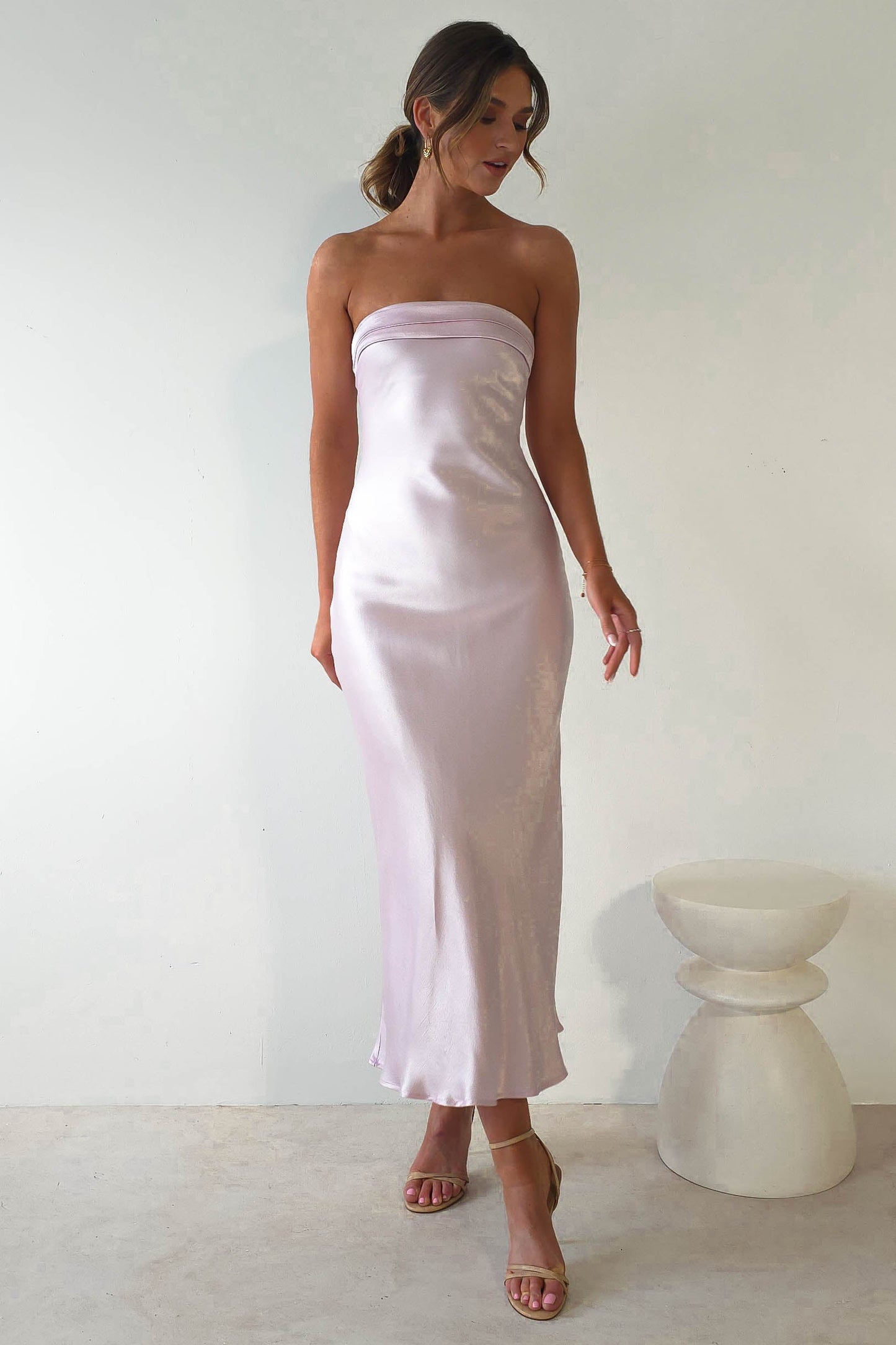 Lucia Soft Satin Slip Midi Elbise | Pastel Pembe