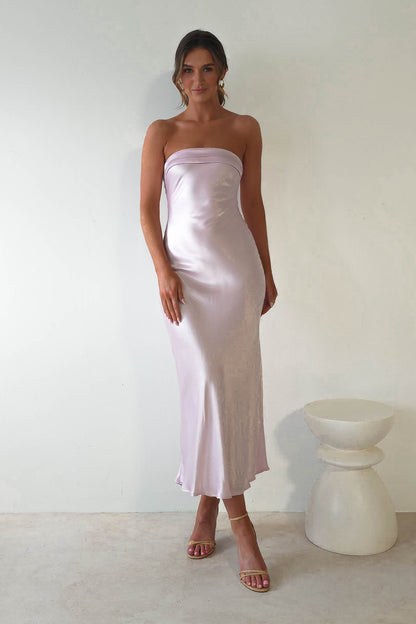 Lucia Soft Satin Slip Midi Elbise | Pastel Pembe