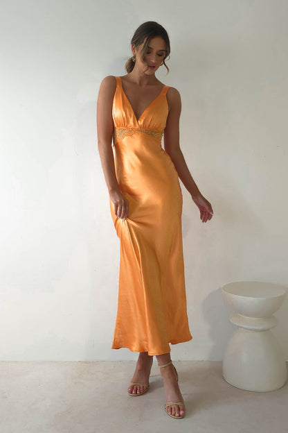 Juliette Soft Satin Uzun Elbise | Mango/Turuncu