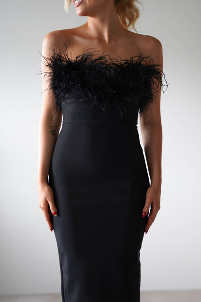 Gabbie Feather Bodycon Bandaj Elbise | Siyah