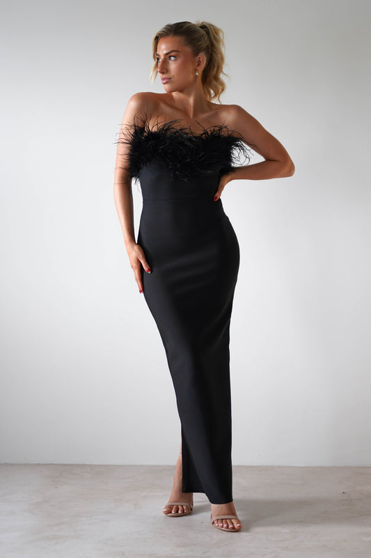 Gabbie Feather Bodycon Bandaj Elbise | Siyah