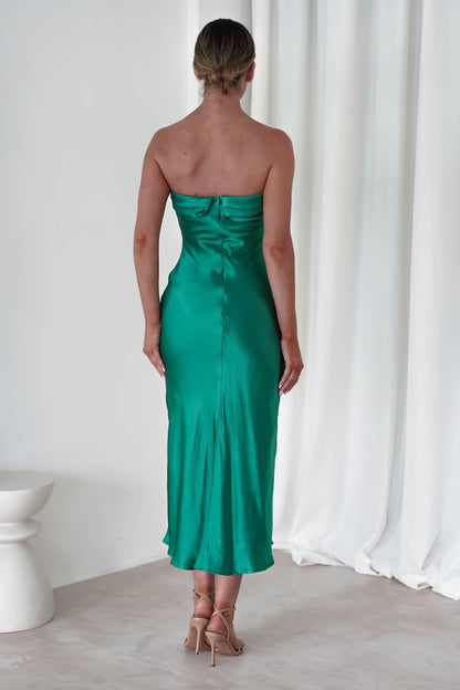 Lucia Soft Satin Slip Midi Elbise | Zümrüt Yeşili