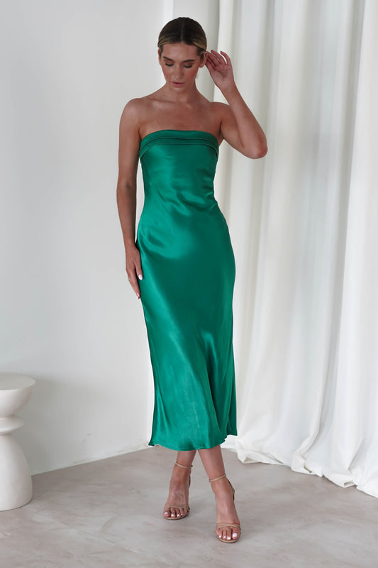 Lucia Soft Satin Slip Midi Elbise | Zümrüt Yeşili