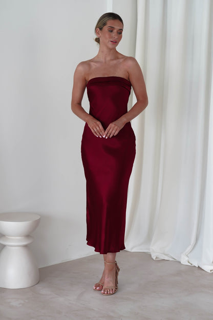 Lucia Soft Satin Slip Midi Elbise | Şarap