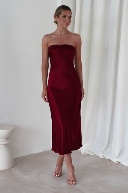 Lucia Soft Satin Slip Midi Elbise | Şarap