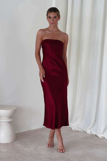 Lucia Soft Satin Slip Midi Elbise | Şarap