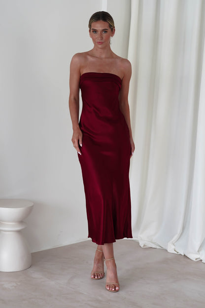 Lucia Soft Satin Slip Midi Elbise | Şarap