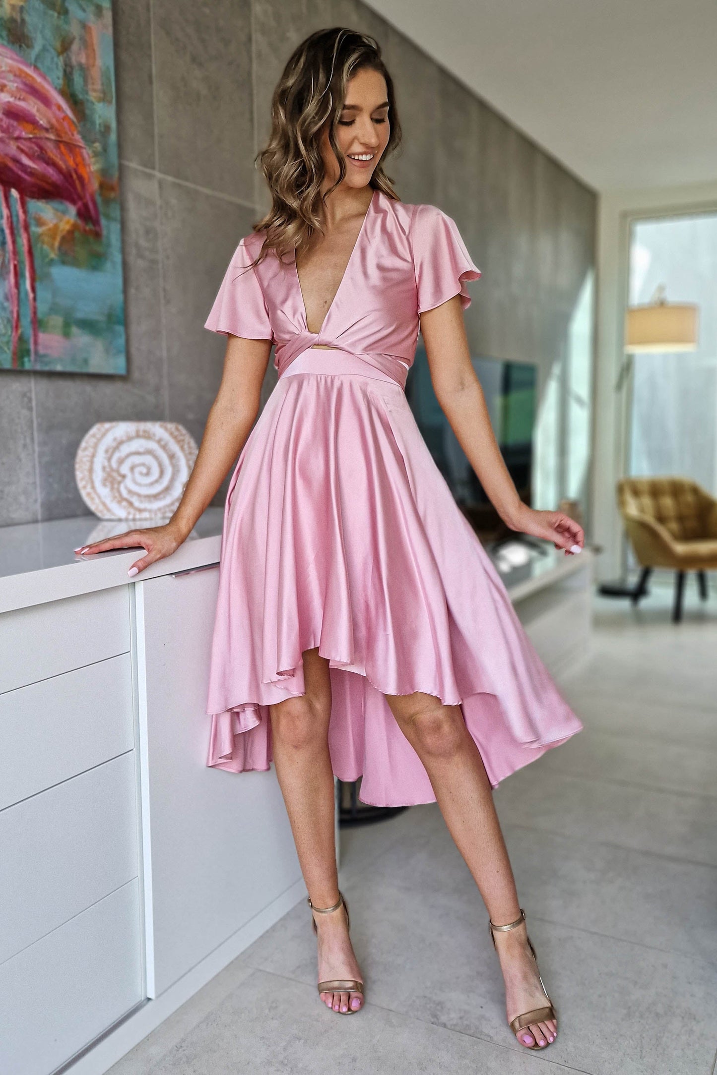 Maleri Satin Midi Dress | Pink