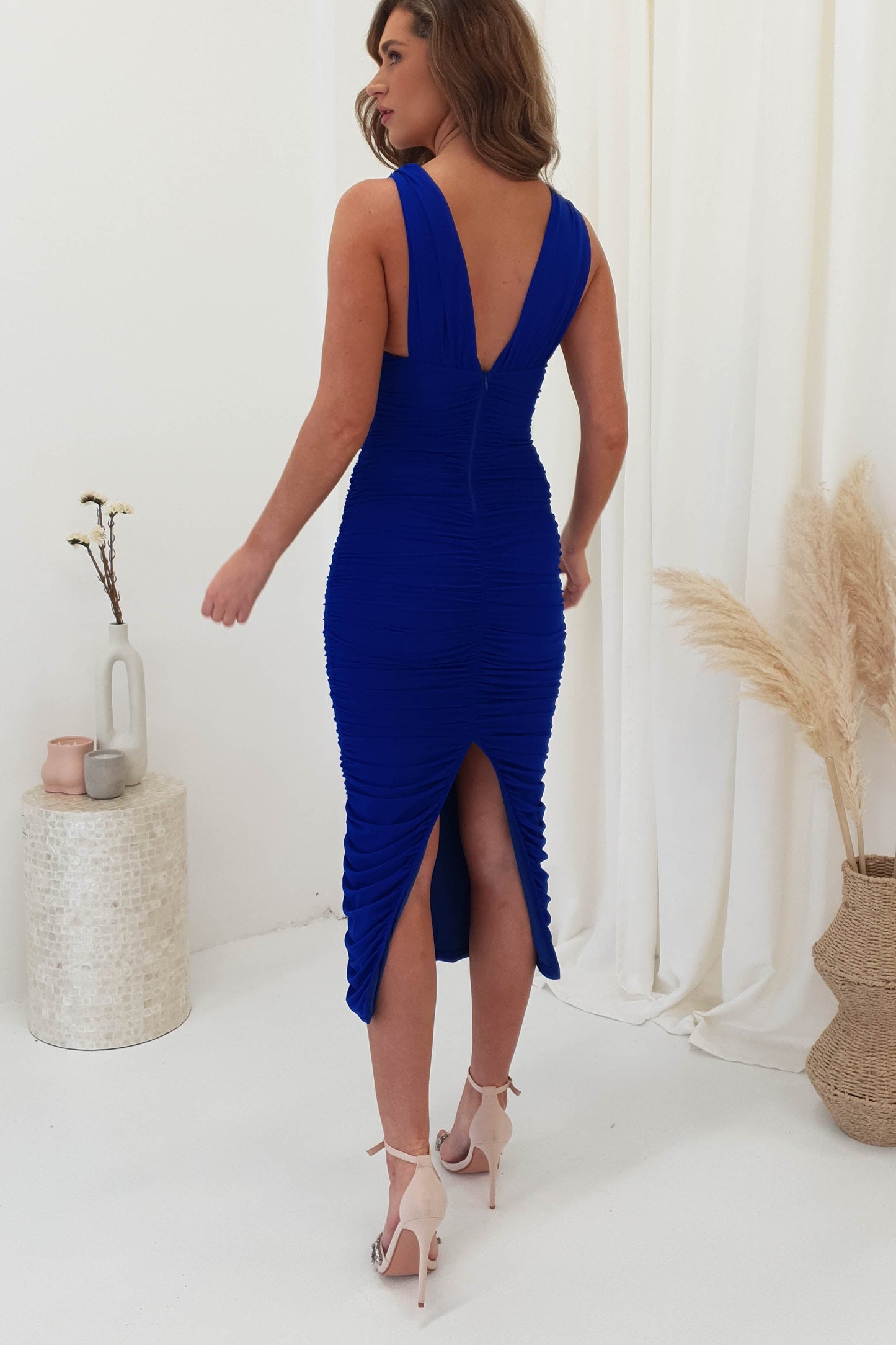 Manuelle Fırfırlı Bodycon Midi Elbise | Kobalt mavisi